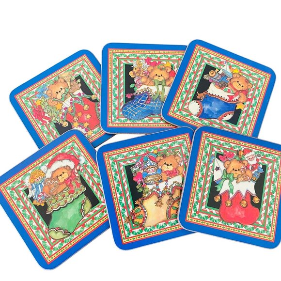 Pimpernel Coasters Holiday Christmas Bear in Stocking Set of 6 - Picture 1 of 5